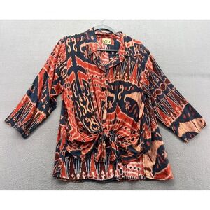 URU Shirt Womens XL Silk Ikat Tribal Print Button Front Tie Hem Blouse